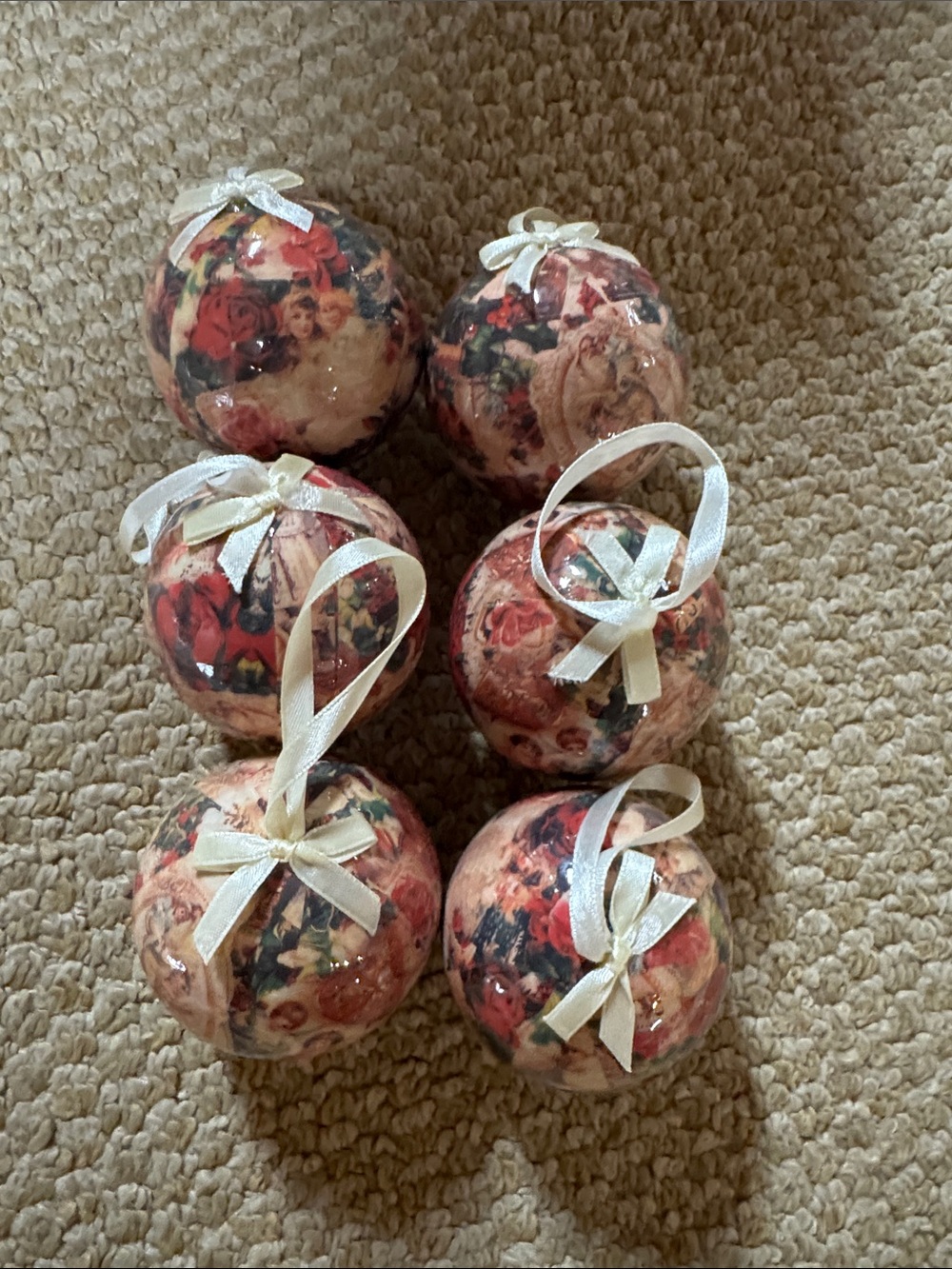 Rose-Pattern Pink Holiday Ornaments with Ivory Bows, Set of 6